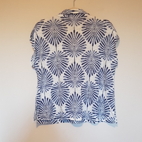 Joie Blue & White collared v neck patterned boxy tee linen blend sz L - Picture 5 of 5